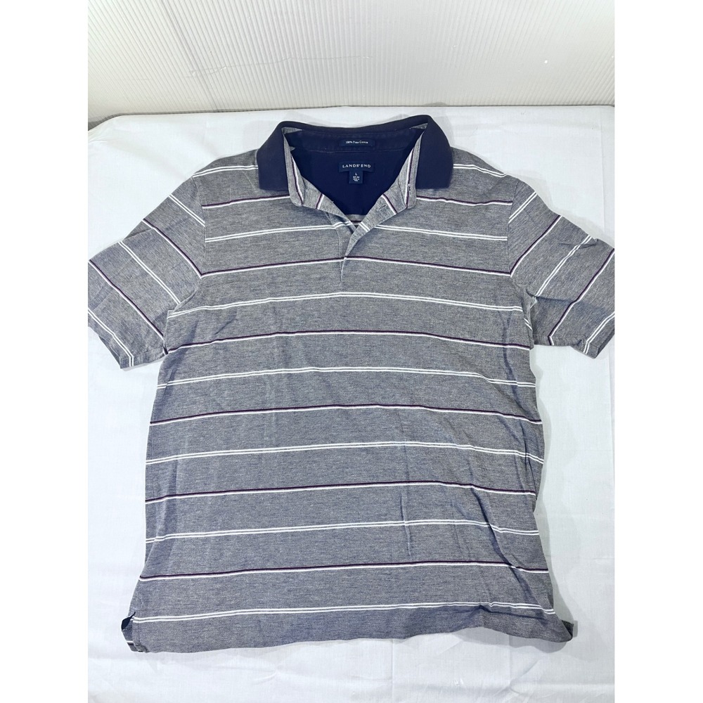 Lands' End‎ Mens Gray Striped Polo Shirt Pima Cotton Short Sleeve Casual Top